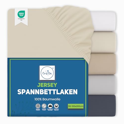 Cozita Basics Spannbettlaken 90x200cm - 100% Baumwoll Jersey Bettlaken, Öko-Tex Zertifiziert, bis 25 cm Matratzenhöhe – Natur