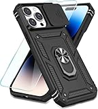 SunStory Compatible with iPhone 14 Pro Case with HD Screen Protector & Slide Camera Cover & Rotated Ring Kickstand, [Military-Grade] Phone Case for iPhone 14 Pro (BBlack)