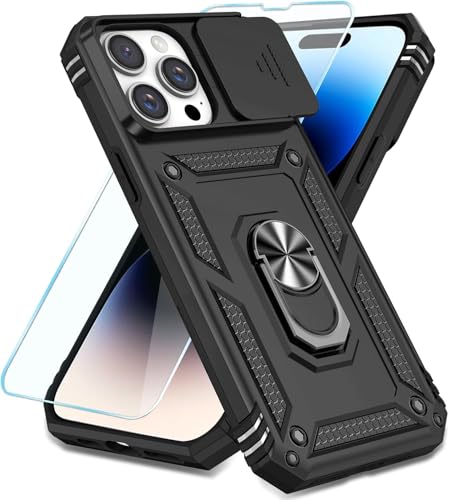 SunStory Compatible with iPhone 14 Pro Case with HD Screen Protector & Slide Camera Cover & Rotated Ring Kickstand, [Military-Grade] Phone Case for iPhone 14 Pro (BBlack)