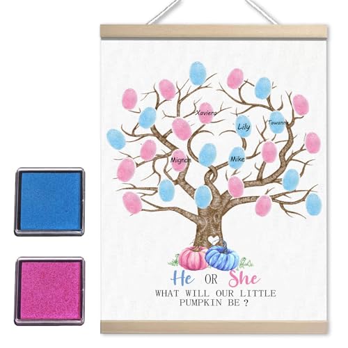 Image of Pumpkin Baby Shower Gender Reveal Fingerprint Tree Canvas Guest Books, Gender Reveal Party Decorations Gifts Ideas, Thumbprint Hanging Paintings