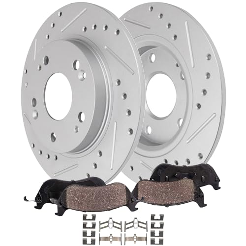 Image of Detroit Axle - Rear Brake Kit for 2011-2015 Honda CR-Z Drilled and Slotted | Disc Brake Rotors Ceramic Brake Pads with Hardware 2012 2013 2014 Replacement 10.24 inch inch Rotor
