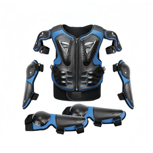 キッズバイクガードスーツ・胸部脊椎バックプロテクター付き | 肘膝パッドセット・PVC素材 | 通気性・軽量設計・調節可能 | 自転車/サイクリング/スキー/スケート/モータースポーツ対応・赤 | サイズ:バック32×47cm 手27cm 足32cm (ブ