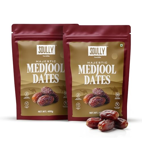 Image of Soully Medjool Dates 400g (Pack of 2) | Premium Soft & Juicy Medjoul Khajoor | High in Fibre | No Added Sweeteners or Preservatives | Healthy Snacks Khajur | Healthy Dates for Snacking | Dry Fruits