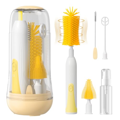 Image of Electric Bottle Brush Cleaner, Rechargable Electric Baby Bottle Brush Cleaner with Nipple & Straw Brush, Travel Baby Bottle Brush with Drying Rack, Perfect Essentials for Mom After Birth, Yellow
