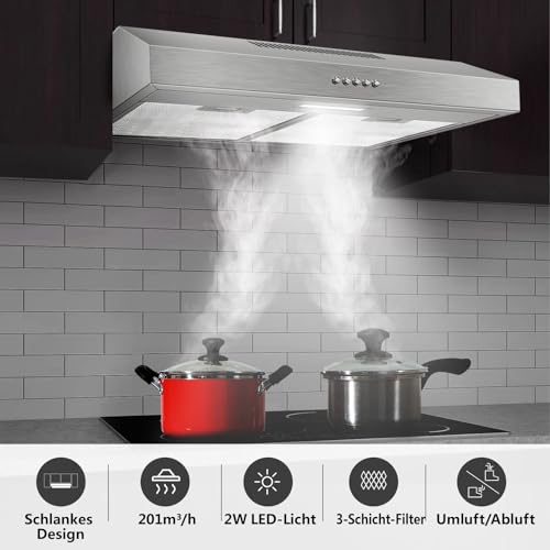 TopStrong Dunstabzugshaube 60cm Unterbau, Dunstabzugshaube 60cm Umluft/Abluft 201 m³/h, abzugshaube mit Aktivkohlefilter CF-K, Edelstahl, 3 Stufen, 2W LED-Licht