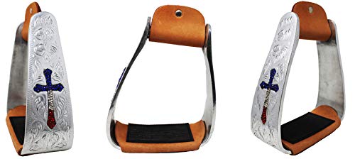 Horse Saddle Stirrup Pair Western Aluminium Cross Engraved Saddle Rhinestones 51207 #TOP6