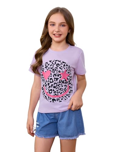 Image of WDIRARA Girl's Leopard Graphic T Shirt Crew Neck Short Sleeve Tee Shirts Cute Tops