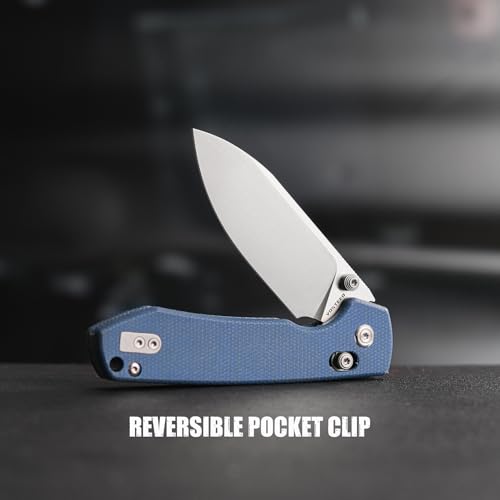 Image of Vosteed Raccoon EDC Pocket Knife - 3.25 inch Sandvik 14C28N Satin Blade - Crossbar Lock, Dark Blue Micarta Handle - Camping, Hiking Knives - A0505
