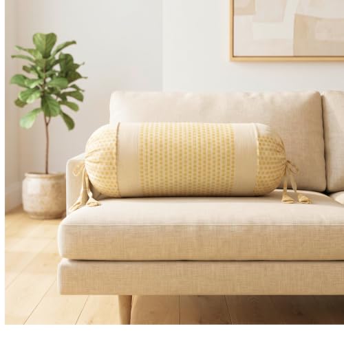 Image of SAJAVAT HOME Pure Cotton Stripe Bolster Cover | Decorative Round Cylindrical Pillow Cover for Sofa, Bed & Diwan | Soft & Breathable Cushion Cover | Beige with Mustard Check Design | Pack of 2