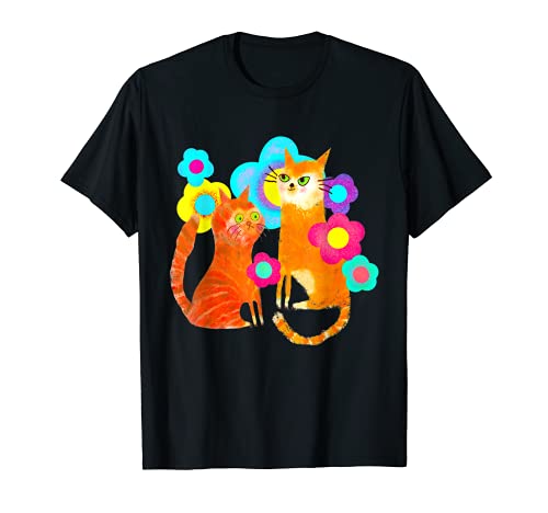 Funny Ginger Kitty Cats with Petal Flowers T-Shirt, Black