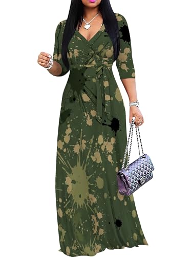 Image of SUZONANA Plus Size Dresses for Women Print Maxi Dresses Flowy 3 /4 Sleeve with Belt