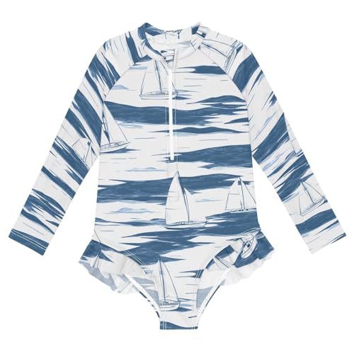 ALAZA Swimsuit for Girls Long Sleeve Rashguard Bathing Suit Sail Boat Quick Dry 4T