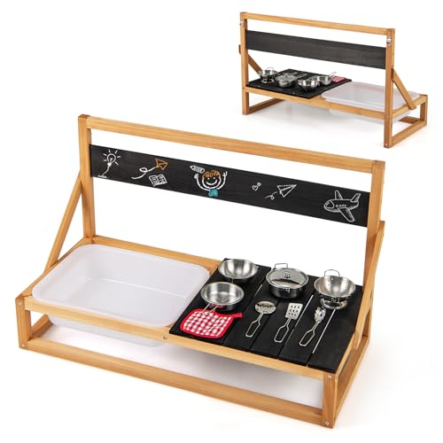 GOPLUS Cuisine Extérieur Enfant, Cuisine de Jeu en Bois de Sapin pour Petit Chef 3+ Ans, avec Évier, Tableau, Chiffon, 7 Accessoires en Acier INOX, Cuisine Murale/sur Table avec Crochets