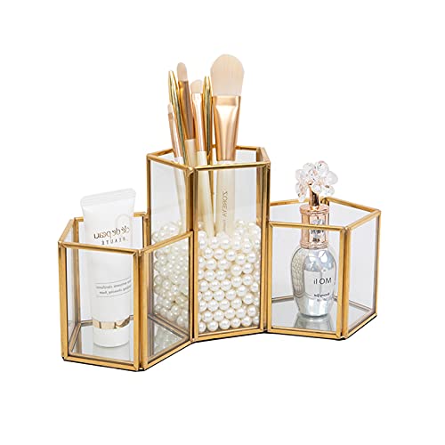 HARLIANGXY Porta Pennelli per Make up, Porta Trucchi Organizer Oro, Organizzatore di Trucco, Organizer per Pennelli da Trucco, Porta Pennelli da Trucco in Vetro, Contenitori per Make up