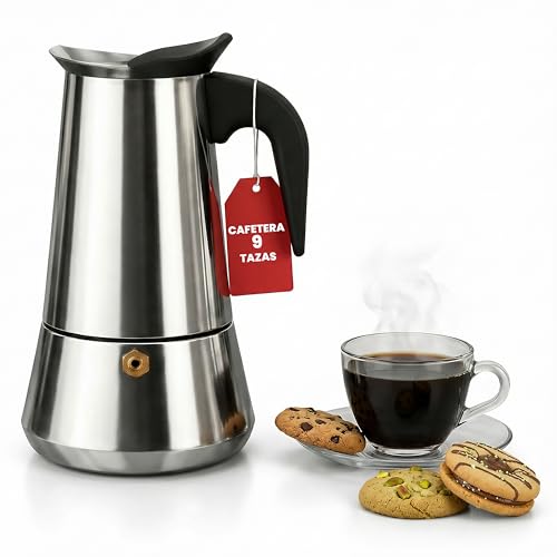 CAFETERA ITALIANA ~ Cafetera Italiana Inducción ~ Cafetera Italiana Acero Inoxidable ~ Cafetera 9 Tazas(450ml) ~ Coffee Maker ~ Compatible Con Todos Los Tipo De Cocinas: Gas, Vitrocerámica e Inducción