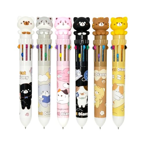 6 Pcs 10-in-1 Cat Kawaii Multi Color Ballpoint Pens 0.7mm, 10 Colors Kitty Colored Shuttle Pens for Cat Lovers Back to Shcool Office Supplies