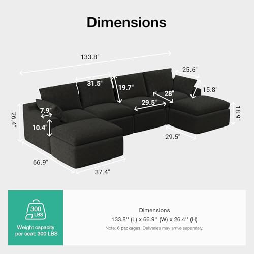 Image of Novilla 133.8 inch Modular Cloud Couch, Modern Sectional Sofa with Smarts Coil Support, Chenille Fabric, Upholstered Couch for Living Room Apartments Bedroom, No Assembly, 4 Seater + 2 Ottoman, Dark Grey