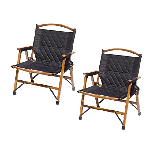 WAQ Folding Wood Chair フォールディングウッドチェア ローチェア 折りたたみチェア ウッドチェア キャンプチェア キャンプ椅子 ドリンクホルダー (2個セット(ブラック))
