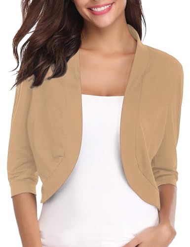 Chaqueta de punto bolero iClosam para mujer torera manga 3/4 frente abierto color apricot talla L