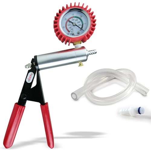 LeLuv Ultima Red Vacuum Pump - Aluminum Alloy Silver Handle Manual Hand Vacuum (0-30 Hg, 0-760 mmHg), Gauge Installed with Protective Rubber Cover, Silicone Padded Grips with Clear Hose &amp; Fitting