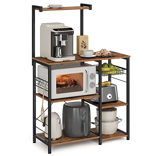 VASAGLE Baker's Rack, Microwave Stand, Kitchen Storage Rack with Wire Basket, 6 Hooks, and Shelves, for Spices, Pots, and Pans, Rustic Brown and Ink Black UKKS35X Rustic Brown + Ink Black No