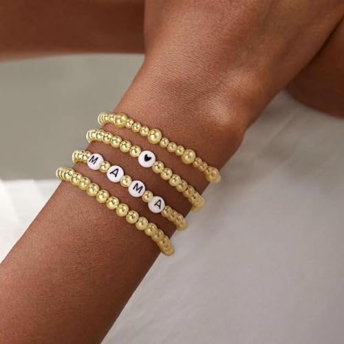 Emibele Mama Bracelet Stack 4Pcs, Love Heart Mom Beaded Bracelet Set, Elastic Stackable Stretch Bracelet for Women Mother Day Gift, Gold - Afbeelding 5
