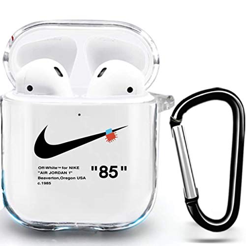 Haiyin Off White Anti Lost Keyhook Design Transparent Case Compatible for AirPods Case 2 & 1 Premium Acrylic Protective Cover Case with Cute Design Logo