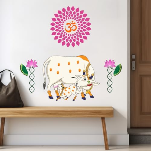 Image of Rawpockets Kamadhenu Cow and Calf with Om and Lotus Flower for Home, Pooja Room & Temple Self Adhesive Wall Sticker