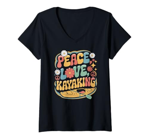 Donna Peace Love Kayak anni '60 anni '70 Hippie Retro Kayaker Maglietta con Collo a V