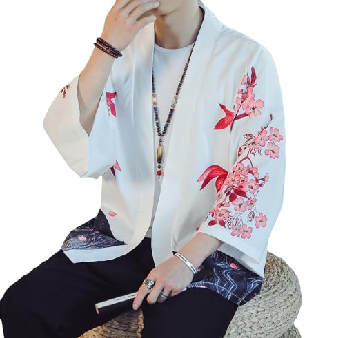 Image of PRIJOUHE Men's Lightweight Kimono Jacket Seven Sleeve Open Front Cardigan Coat Japanese Style Bathrobe