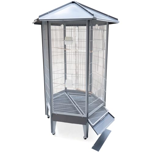 Montana Cages | Großer Vogelkäfig Villa Redondo, Vogelvoliere sechseckig Antik-Platinum für Sittiche und Papageien mit Rollen, Kotwanne und Zubehör