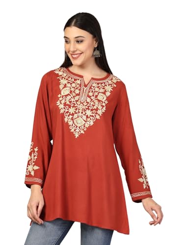 Image of QAZMI Women's Jasmine Kashimiri Aari Embroidered Viscose Rayon A-Line Flared Short Kurti
