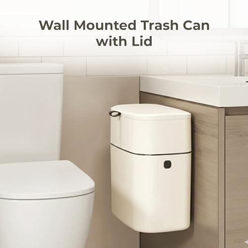 Image of HomeEssentials Wall Mounted Trash Can with Lid, Space-Saving Hanging Garbage Bin, Kitchen Cabinet Waste Bin, Bathroom Trash Can, Office & Small Spaces
