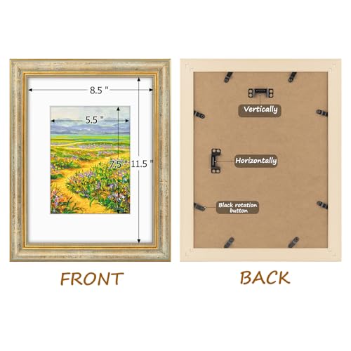 Image of Golden State Art,9x12 Ornate Picture Frame Holds 6x8 Photo,Vintage Gold | Includes real glass front,white mat,build-in hangers and buttons.Displays 6x8 photo on wall