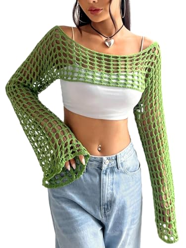 Image of hathne Women Hollow Out Sweater Crop Flounce Off Shoulder Open Knit Top See Through Crochet Trumpet Long Sleeve Knit Top(Green,XL)