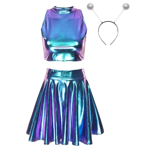 renvena Damen Sexy Alien Kostüm Fasching Karneval Glänzend Space Girl Kostüm Crop Top Minirock Faltenrock mit Haarreif Mottoparty Außerirdischer...