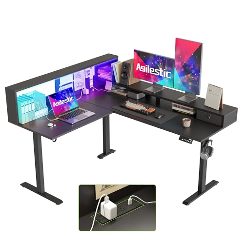 Image of Agilestic L-Shaped Electric Standing Desk, 63x55 Inch Ergonomic Adjustable Height Desk with Storage, Stand Up Corner Desk Sit Stand Computer Table Power Outlet & LED Lights, Office Table, Black