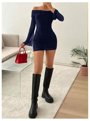 Image of SOLY HUX Women's Ruched Mesh Off Shoulder Bodycon Mini Dress Bell Long Sleeve Club Party Dresses