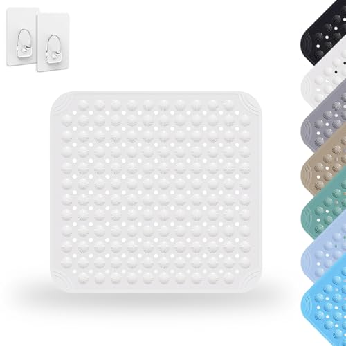 Alfombra de Ducha, 48 x 48 cm Alfombra de Ducha, Alfombra de Duchas de PVC Antideslizante, Alfombras de Ducha Cuadrada Lavable a Máquina con Ventosa, para Baño, Blanca