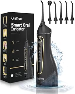 Water Dental flosser for Teeth Cleaning - Oralfree Braces Care, Cordless Portable Rechargeable Oral Irrigator 4 Modes 5 Tips IPX7 Waterproof Powerful Battery Water Teeth Cleaner Pick for Home Travel