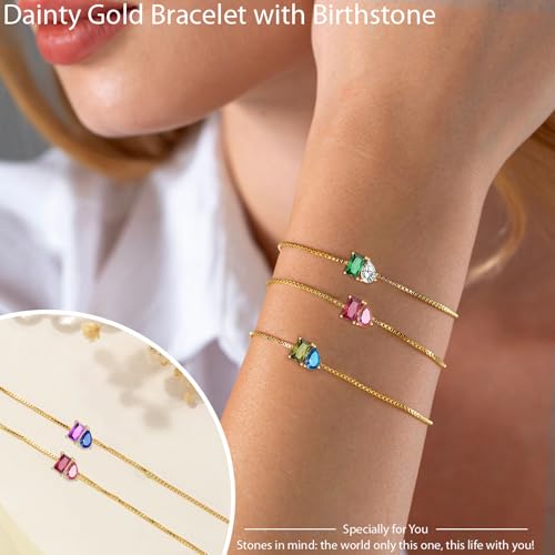Birthstone Bracelets for Women, Dainty Gold Bracelet with Birthstone Birthday Gifts for Her Mothers Day Gifts Trendy Stuff 14k Plated Adjustable Link Bracelet Anniversary Christmas Jewelry