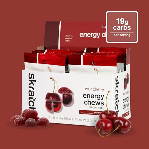 Image of Skratch Labs Energy Chews with 50mg Caffeine | Caffeinated Gummies for Running, Cycling & Endurance Quick Carbs, Easy to Digest | Sour Cherry 10 Pack | Gluten Free, Vegan
