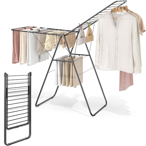KINGBOARD Clothes Drying Rack Foldable, Drying Rack Clothing with Height-Adjustable, Metal Laundry Rack, Indoor Outdoor Use, No Assembly, 20.47"x 70"x 42.52", Black by KINGBOARD - Image 6