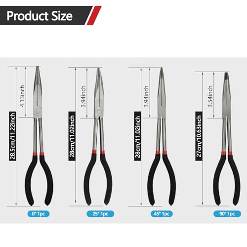 Image of 4-Piece 11 inch Extra Long Nose Pliers Set with Insulated Comfort Grip Handles