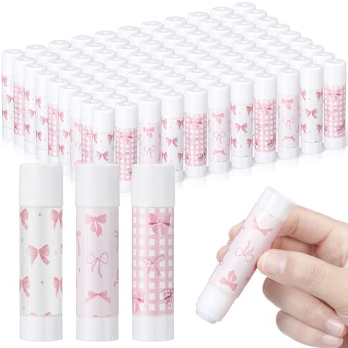 Sabary 100 Pcs Pink Bow White Glue Stick Bulk Washable Glue Sticks 0.32 oz for End of Year Crafts Home School Classroom Students Teachers Employees Scrapbooking Crafting Stationery Supplies