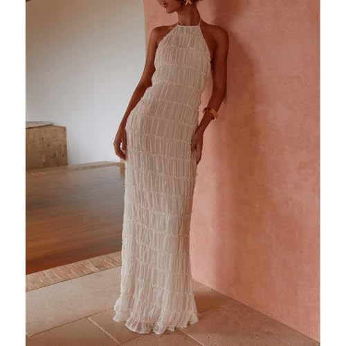 Women Backless Dress Sleeveless Textured Halter Open Back Maxi Dresses Vacation Wedding Guest3