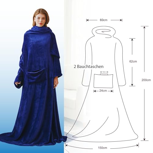 Lucadeau Kuscheldecke mit Ärmeln, Ostergeschenke für Frauen und Männer, Geburtstagsgeschenke für Frauen Männer, TV-Decke 150x200 cm (Blau)