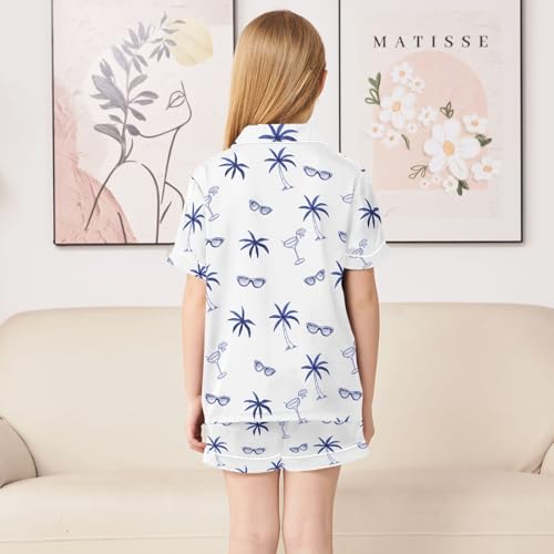 Coconut Tree Glasses Pattern Summer Satin Pajama Set, Cute Button-Down Sleepwear Pj Set for Sleep Wears4