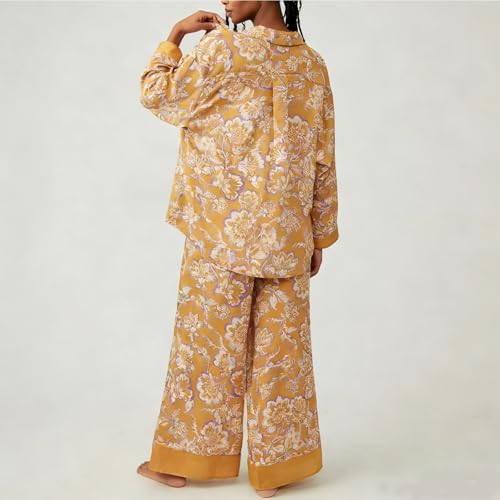 Image of Women Satin Pajama Set Floral Silk Pajamas 2 Piece Lounge Sets Button Down Shirts Wide Leg Pants Pjs Sleepwear