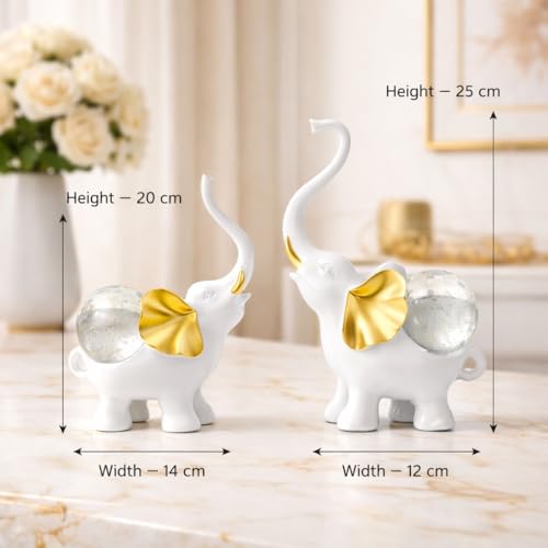 Image of ARMONIA Set of 2 Lucky Elephant Showpiece for Home Decor |White Polystone Elephant with Detachable Crystal Glass Ball |Vaastu Feng Shui Elephant Idol for Living Room,Office,Entrance | Gift for Wedding